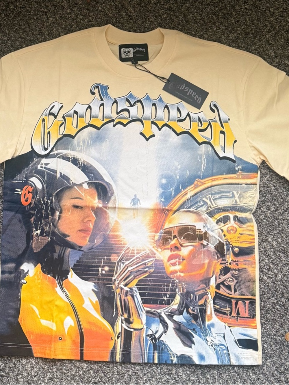 Godspeed Graphic Short-Sleeve Dress Shirt in Cream and Yellow